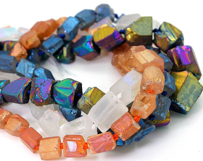White Blue Orange Rainbow Titanium Quartz Crystal Cluster Rough Cut Nugget Cube Chips  Gemstone Assorted Size Beads - PGS250