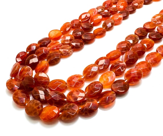 Fire Agate Beads, Natural Orange Fire Agate Flat Faceted Oval 8mm x 10mm Gemstone Beads - PG183