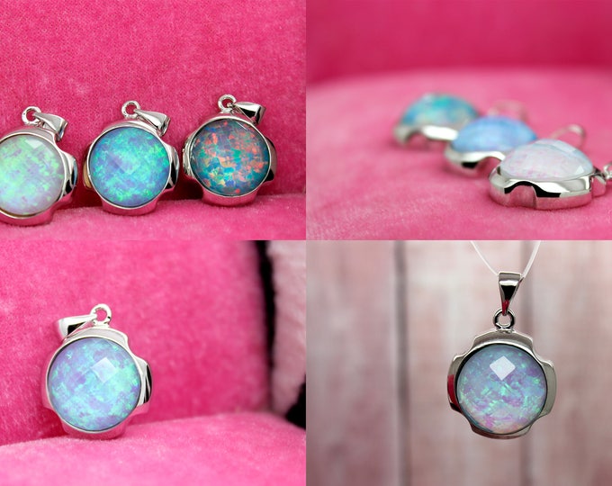 Natural Opal, Japanese Blue White Genuine Smooth Round Opal Gemstone Silver Plated Pendant