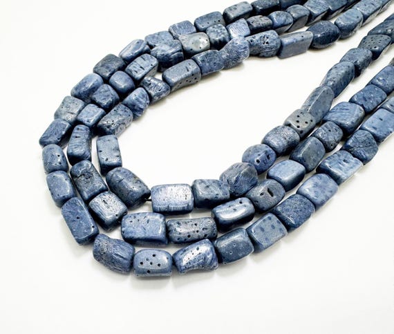 Natural Blue Coral Rectangular Beads Organic Pillow Barrel Shape Approx 6x6x8–10mm 16" Strand Ocean Blue Coral Jewelry Making Supplies PG314