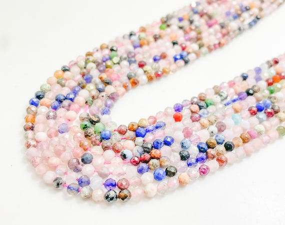 Natural Tiny Gemstone Beads, Mixed Assorted Variety Natural Gemstone Faceted Round Beads (3mm, 2mm)- RNF108