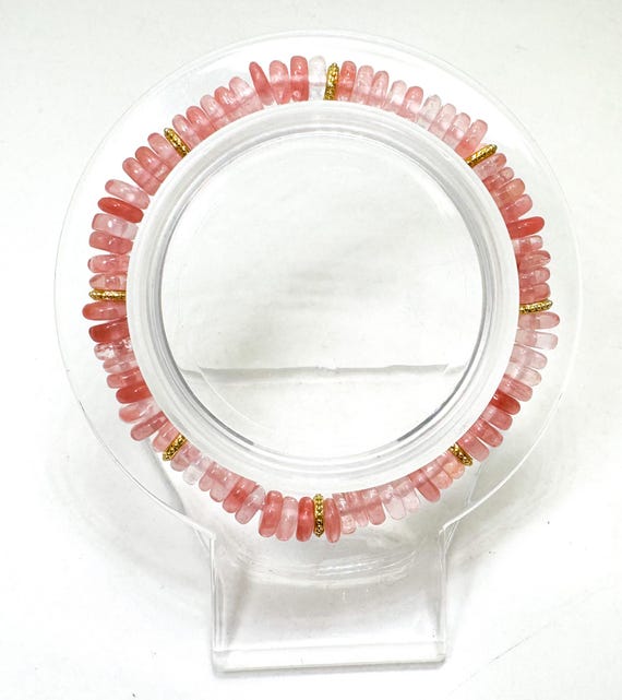 Handmade Cherry Quartz Rondelle Beaded Stretch Bracelet – 7" Elastic Natural Stone Jewelry - PGB8R33