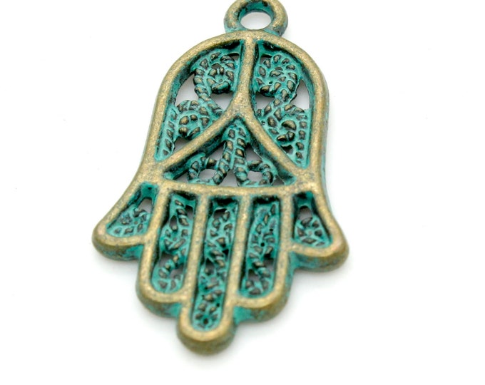 Antiqued Patina Green Bronze Charm Beads Pendant Earing 24mm x 14mm x 2mm - Old Fashion Bell