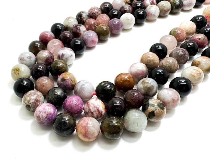 Rainbow Tourmaline Beads, Natural Watermelon Tourmaline Smooth Polished Round Gemstone Beads (4mm 6mm 7mm 8mm 10mm 12mm) - PG19