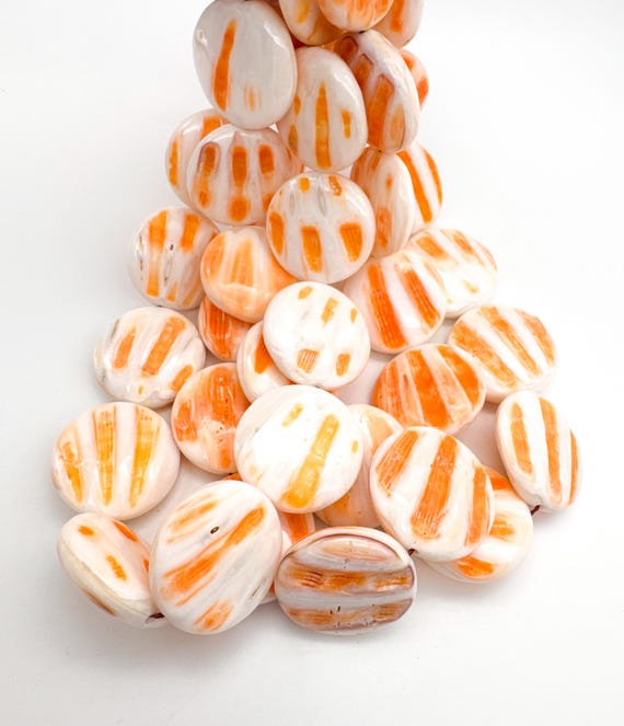 Genuine Spiny Oyster Shell Beads: 25mm Orange White Flat Coin Beads - SO10