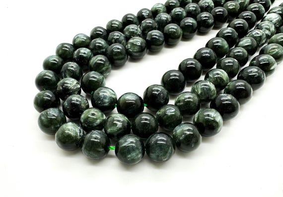 Natural Seraphinite, Green Russian Seraphinite Polished Smooth Round Sphere Gemstone Beads - RN127