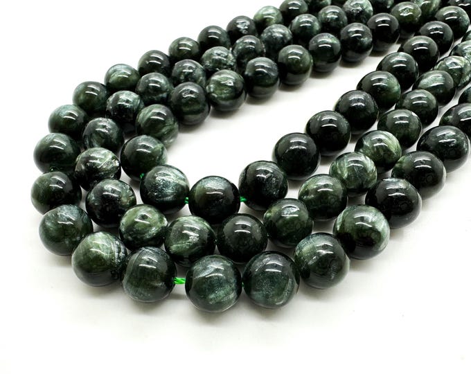 Natural Seraphinite, Green Russian Seraphinite Polished Smooth Round Sphere Gemstone Beads - RN127