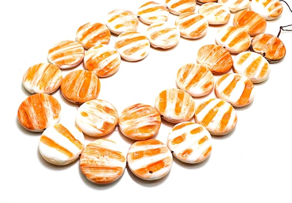 Genuine Spiny Oyster Shell Beads: 25mm Orange White Flat Coin Beads - SO10