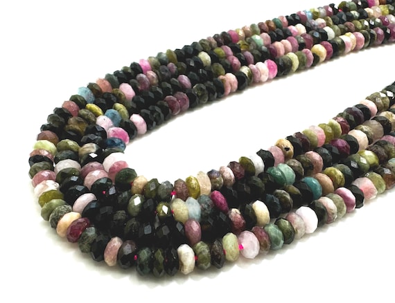 Natural Rainbow Tourmaline, 2mm x 5mm Multi color Genuine Tourmaline Faceted Rondelle Spacer Gemstone Beads - RDF66