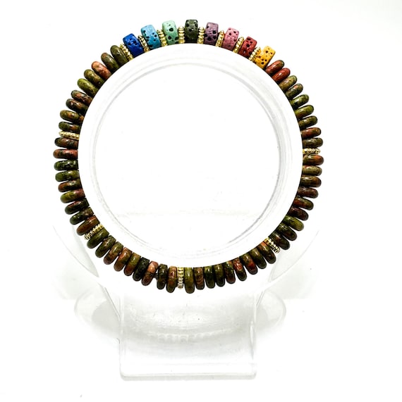 6.5" Unakite & Chakra Lava Rock Bracelet – Handmade Elastic Cord, 6mm Beads - PGB8R2