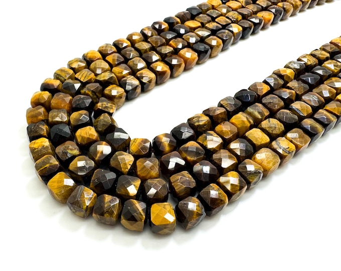 Natural Tiger Eye Faceted Square Cube 7mm Gemstone Beads - PGS121