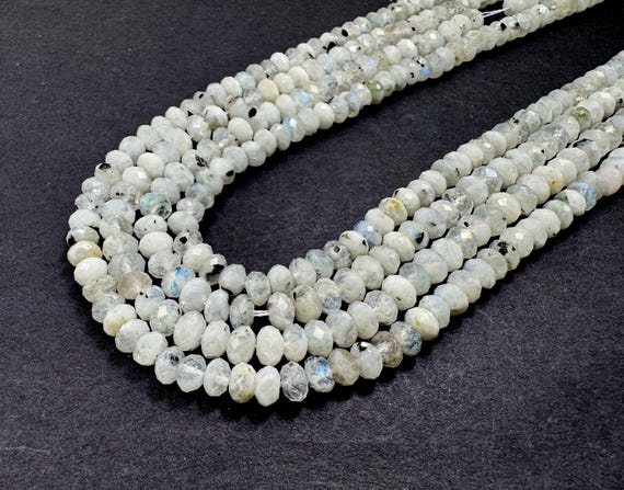 Natural Genuine Rainbow White Moonstone Faceted Rondelle Gemstone Stone Beads - RDF56