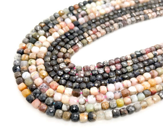 Natural Faceted Cube Square 4mm 4.5mm Gemstone Beads - Mookaite Jasper Pink Opal Rhodonite Labradorite - PGS48