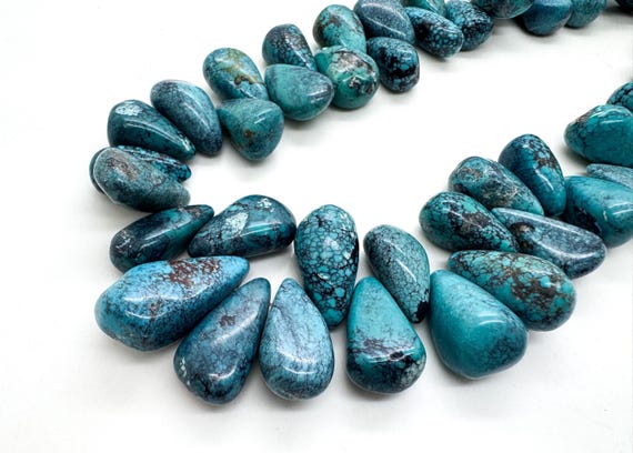 Natural Hubei Turquoise Teardrop Beads • Graduated Smooth Drops • Genuine Spiderweb Turquoise Focal Strand Gemstone Beads