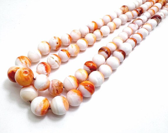 Graduated Spiny Oyster Shell Beads Round Shape Orange White Smooth Polished Jewelry Making Supplies Statement Necklace Beads - PG231