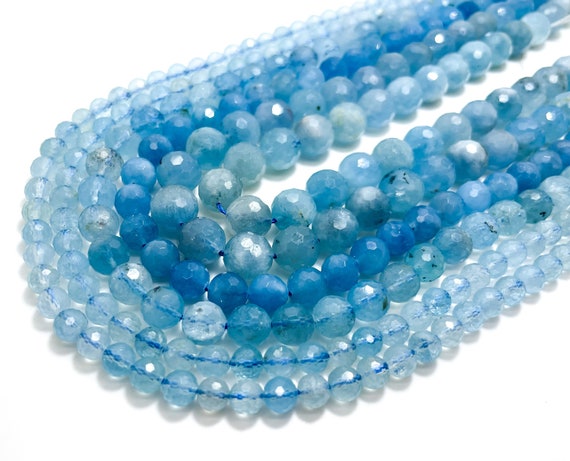 Blue Aquamarine Beads, Grade AAA Natural Faceted Round Aquamarine 6mm 8mm 10mm Gemstone Beads - RNF15