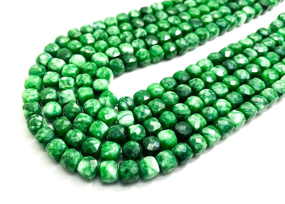 Natural Green Mountain Jade Square Cube Faceted Size 7mm Gemstone Beads - PGS262