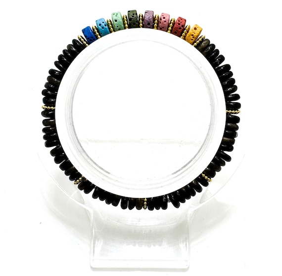 6.5" Dark Green Jade & Chakra Lava Rock Bracelet – Handmade Elastic Cord, 6mm - PGB8R11