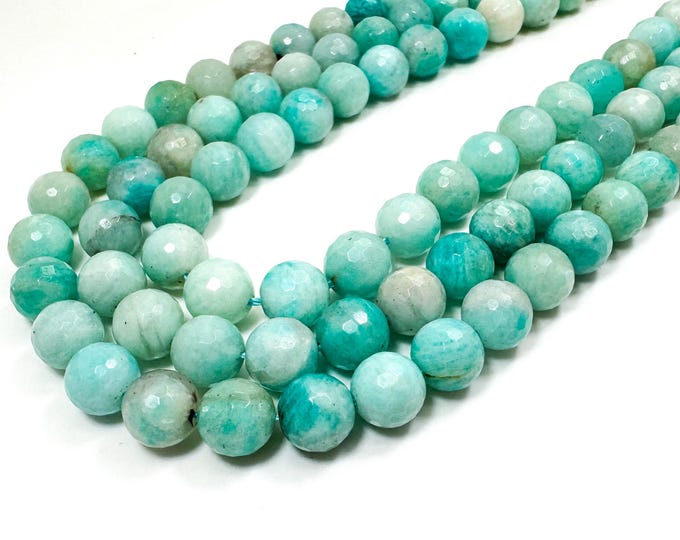 Natural Amazonite Faceted Round Beads, Aqua Blue-Green Gemstone Strands for Jewelry Making (6mm 8mm 10mm) - PG308