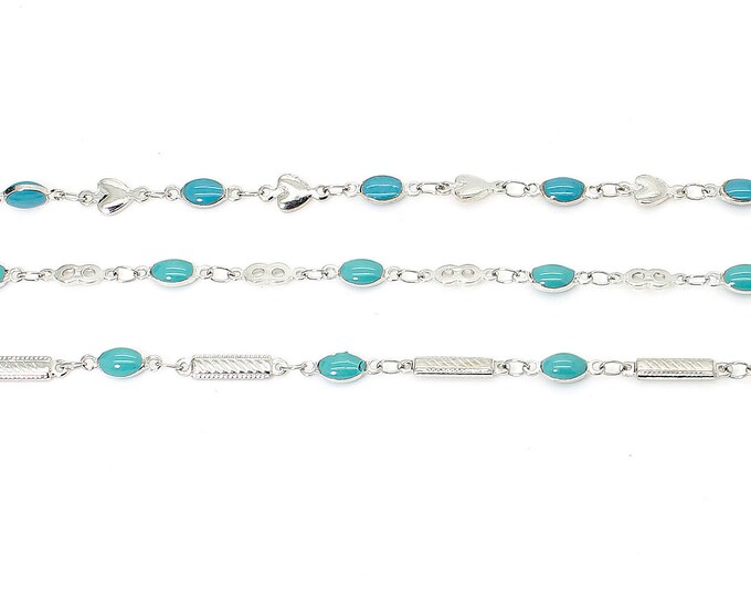 Oval Turquoise Beaded Chain, Silver jewlery Nceklace Bracelet Chains - PCH13