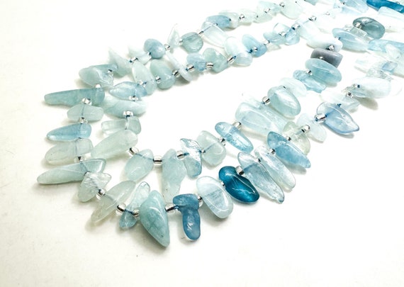 Natural Blue Aquamarine Freeform Chip Irregular Slab Flat Shapes Stick Gemstone Beads - PGS214