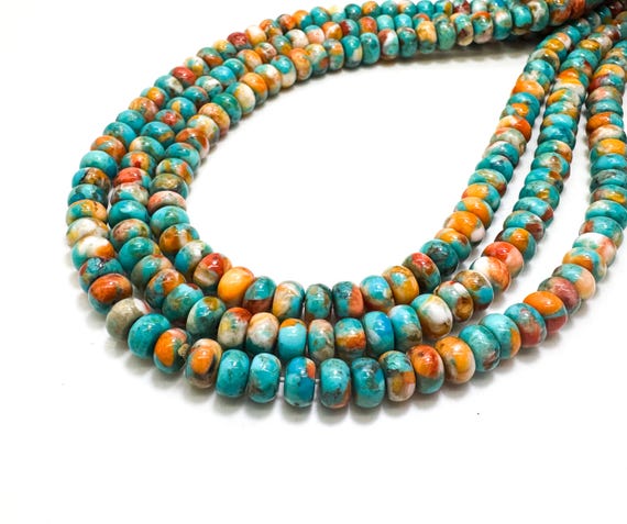 Genuine Rare Natural Turquoise Spiny Oyster Rondelle Beads 15.5” Strand Southwestern Beads for Jewelry Making, Bracelets & Necklaces RD43G