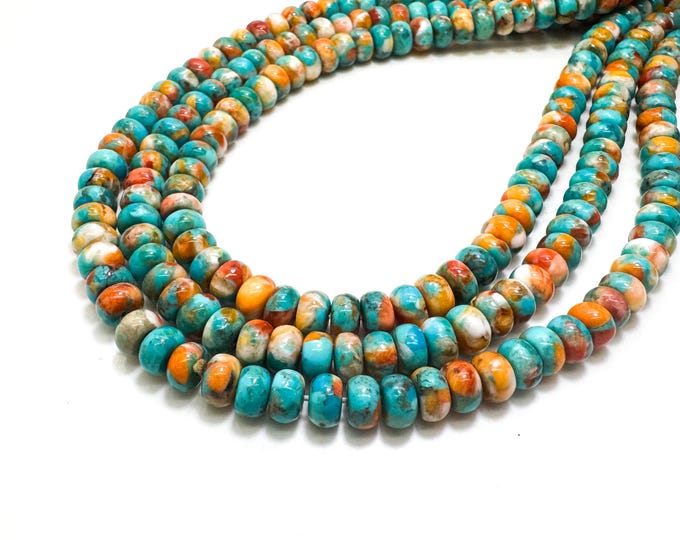 Genuine Rare Natural Turquoise Spiny Oyster Rondelle Beads 15.5” Strand Southwestern Beads for Jewelry Making, Bracelets & Necklaces RD43G