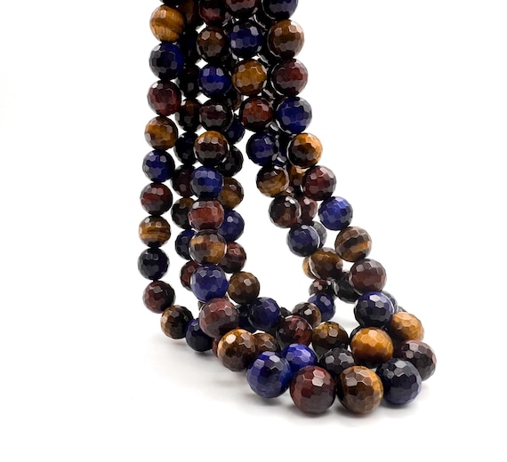 Mixed Color Tiger Eye Faceted Round Beads | 6mm 8mm 10mm 12mm | Blue Red Golden Tiger Eye Gemstone for Jewelry Making RNF19