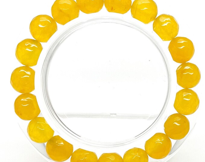 Jade Bracelet, Yellow Faceted Round Gemstone Beads Stretch Elastic Cord Handmade Beaded Bracelet Accessories - PGB70