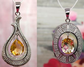 Natural Citrine Pendant, High Quality Citrine Faceted Oval/Drop Gemstone Pendant with Silver Coating and Russian Diamonds for Man Woman