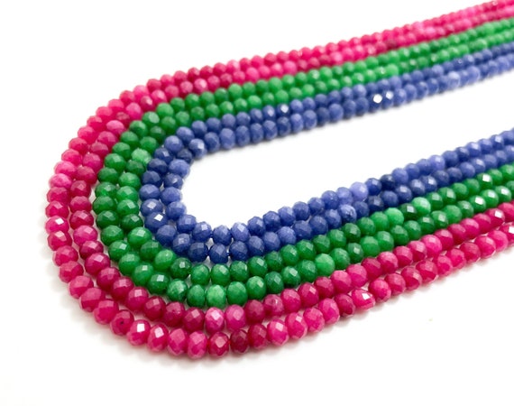 Faceted Jade Rondelle Gemstone Beads, Green, Pink, Blue (3mm x 5mm)