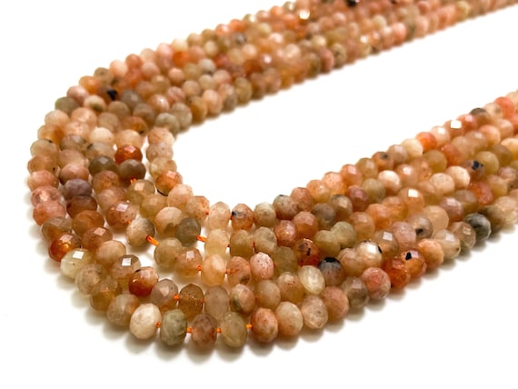 Peach Moonstone Beads, Natural Orange Peach Moonstone Faceted Rondelle 4mm x 6mm Gemstone Beads - RDF98