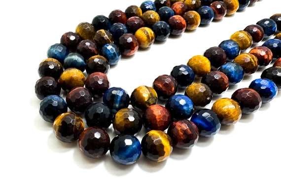 Blue Red Yellow Tiger Eye Faceted Round Gemstone Beads 6mm 8mm 10mm 12mm - RNF19