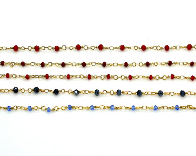 Crystal Rosary Chain, Gold Plated 3 mm Beaded Jewelry Chains - Red Blue Green Yellow Orange - PCH05