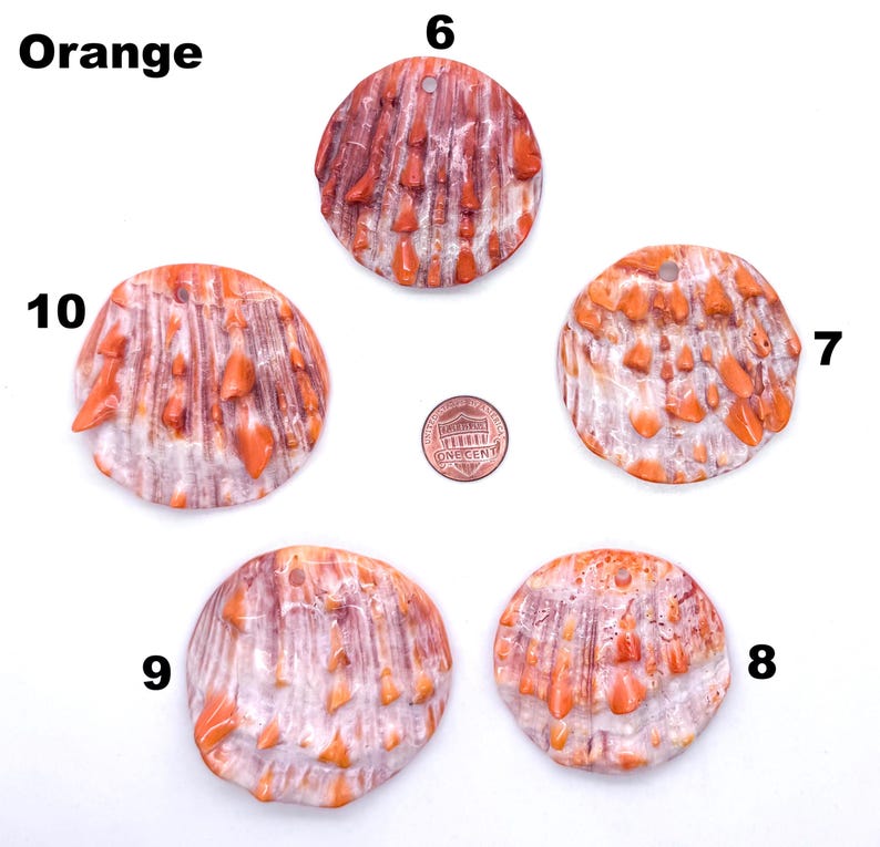 May include: Five orange and white shell-shaped pendants with a hole at the top for stringing. The pendants have a textured surface with orange and white coloration. The word "Orange" is at the top left of the image. A penny is in the center.