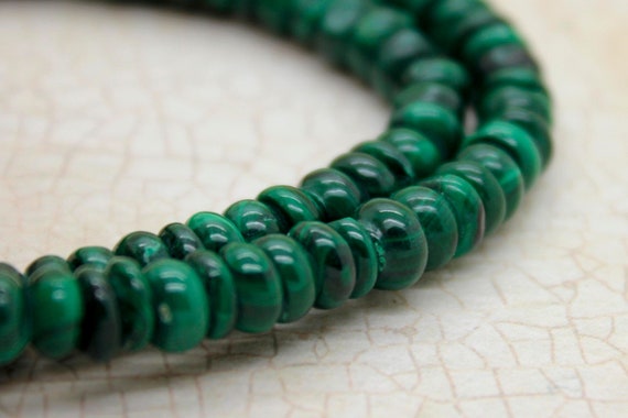 Natural Malachite, Green Malachite Smooth Rondelle Flat Disc Gemstone Beads - RD01