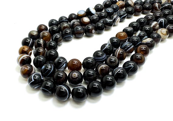 Black Sardonyx Agate Round Beads – 8mm, 10mm, 12mm, 14mm, 16mm – Natural Polished Gemstone - RN207