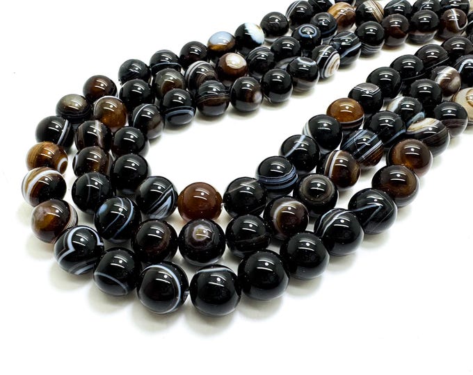 Black Sardonyx Agate Round Beads – 8mm, 10mm, 12mm, 14mm, 16mm – Natural Polished Gemstone - RN207