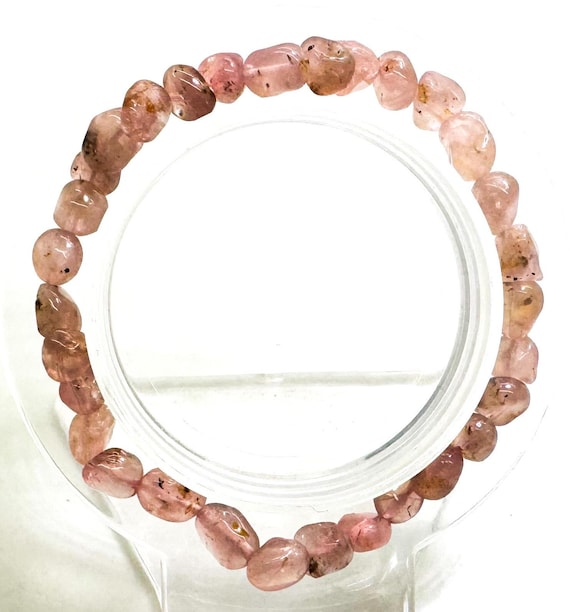 Pink Rose Quartz Beaded Bracelet: Handmade Gemstone Pebble Chip Bracelet