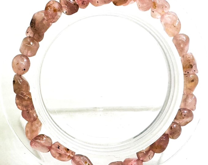 Natural Pink Rose Quartz Quartz Gemstone Free form Pebble 7" Handmade Elastic Cord Beaded Bracelet - PGB244
