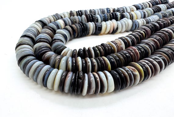 Natural Black Lip Shell Flat Beads Genuine 10-12mm Heishi Disc Smoky Charcoal & Iridescent MOP Gemstone for Artisan Jewelry Supply - PG290