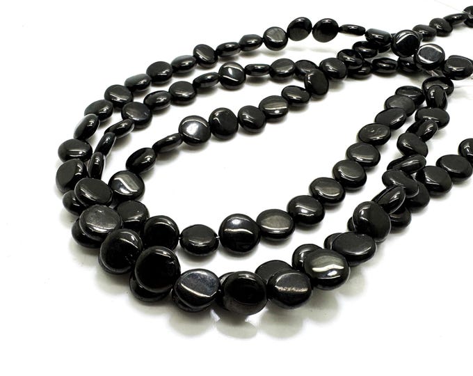 Natural Black Jet Beads – Smooth 10mm Flat Round Shape | PG148 | Full Strand | Jewelry Making Supplies - PG148