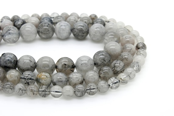 Black Hair Tourmaline Rutilated Quartz Smooth Round Ball Sphere Natural Gemstone Beads - RN90
