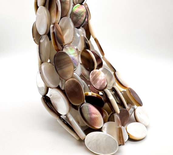 Natural Black Lip Shell Beads Oval Mother of Pearl Beads 11x17mm Iridescent White Brown Gray MOP Shell Jewelry Making - PG208C