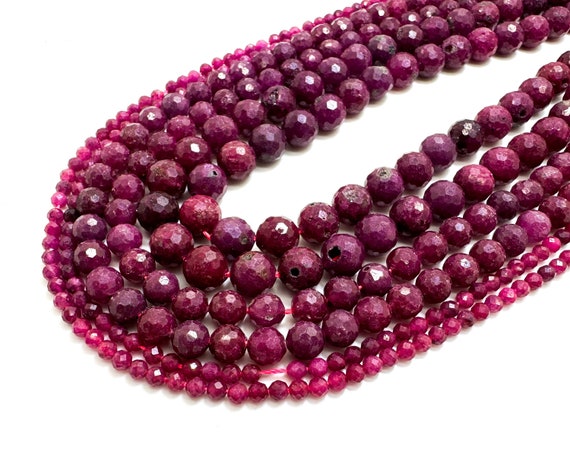 Genuine Red Ruby Beads, Natural Burma Myanmar Ruby Faceted Round Gemstone Beads - PG56C