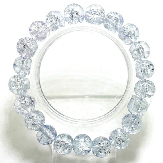 Crackle Quartz Handmade Cracked Crystal 10mm Polished Smooth Gemstone Bracelet (Light Clear Blue) - PGB239G