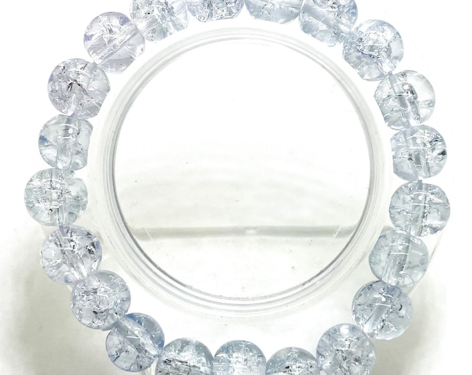 Crackle Quartz Handmade Cracked Crystal 10mm Polished Smooth Gemstone Bracelet (Light Clear Blue) - PGB239G
