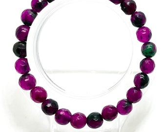 Quartz Bracelet, Hot Pink Purple Burgundy Dyed Quartz Faceted Round 8mm Beads Stretch Bracelet - PGB56