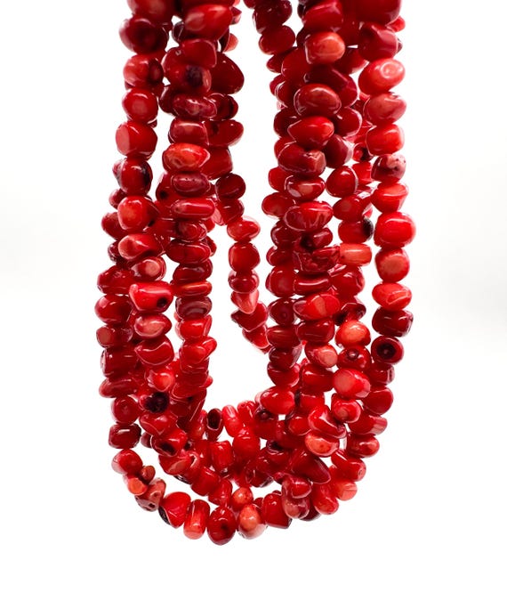 Natural Red  Sponge Coral Nugget Pebble Beads • Genuine 8mm Polished Stone Stick Chips Beads • Vibrant Crimson Sea Coral Strand - RC8