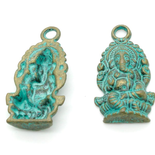 Antiqued Patina Green Bronze Charm Beads Pendant Earing 27mm x 14mm x 4mm - Hindu Ganesha